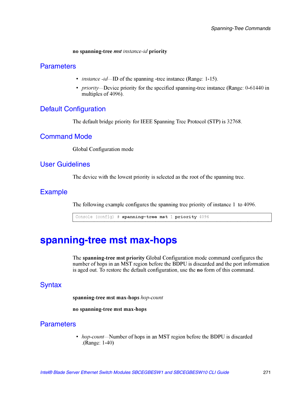 Intel SBCEGBESW10 CLI manual Spanning-tree mst max-hops, No spanning-tree mst instance-idpriority 