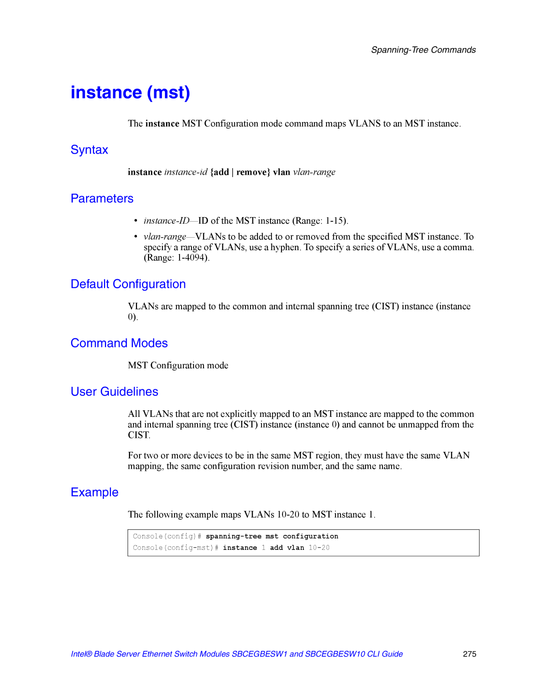 Intel SBCEGBESW10 CLI manual Instance mst, Instance instance-idadd remove vlan vlan-range, MST Configuration mode 