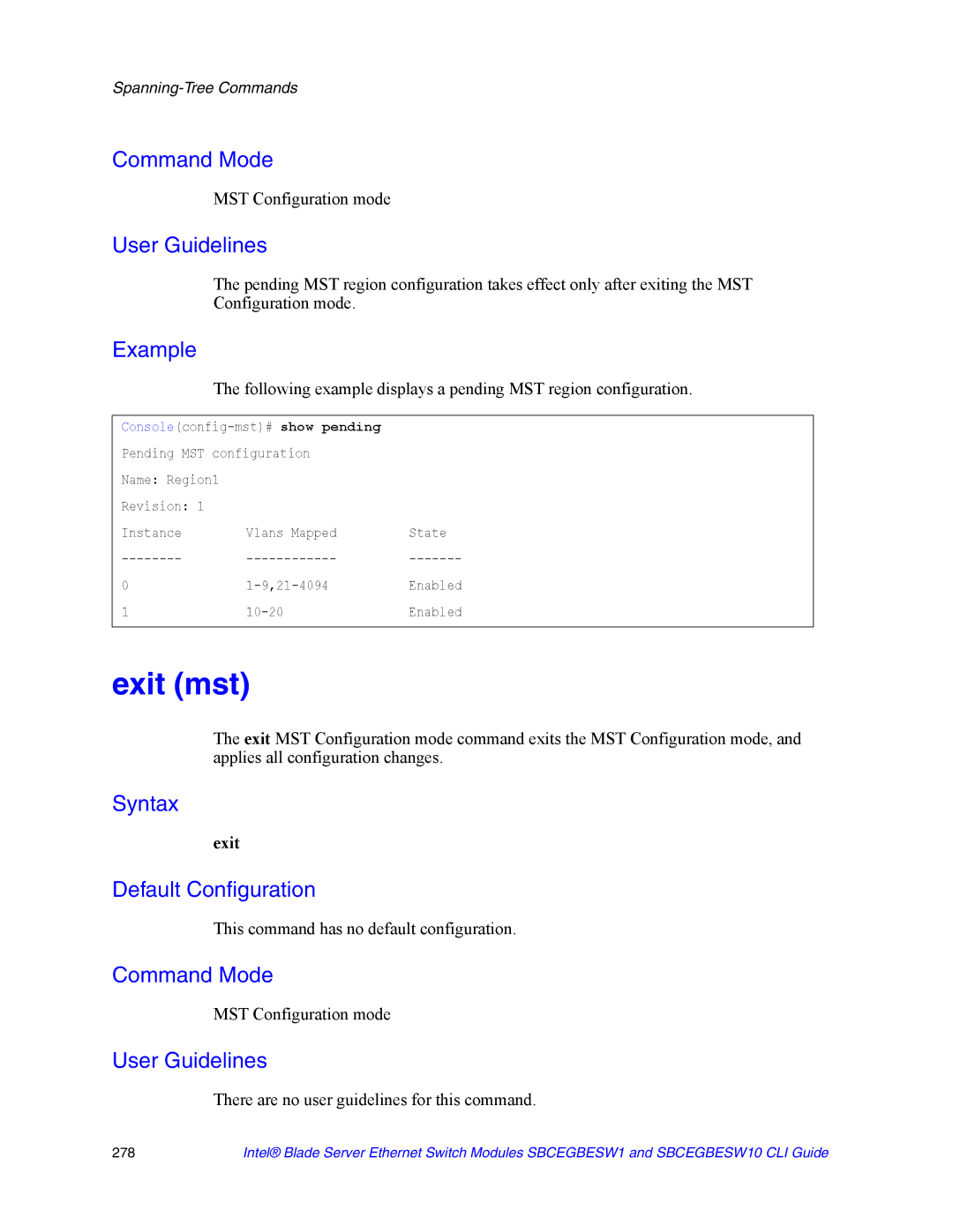 Intel SBCEGBESW10 CLI manual Exit mst 