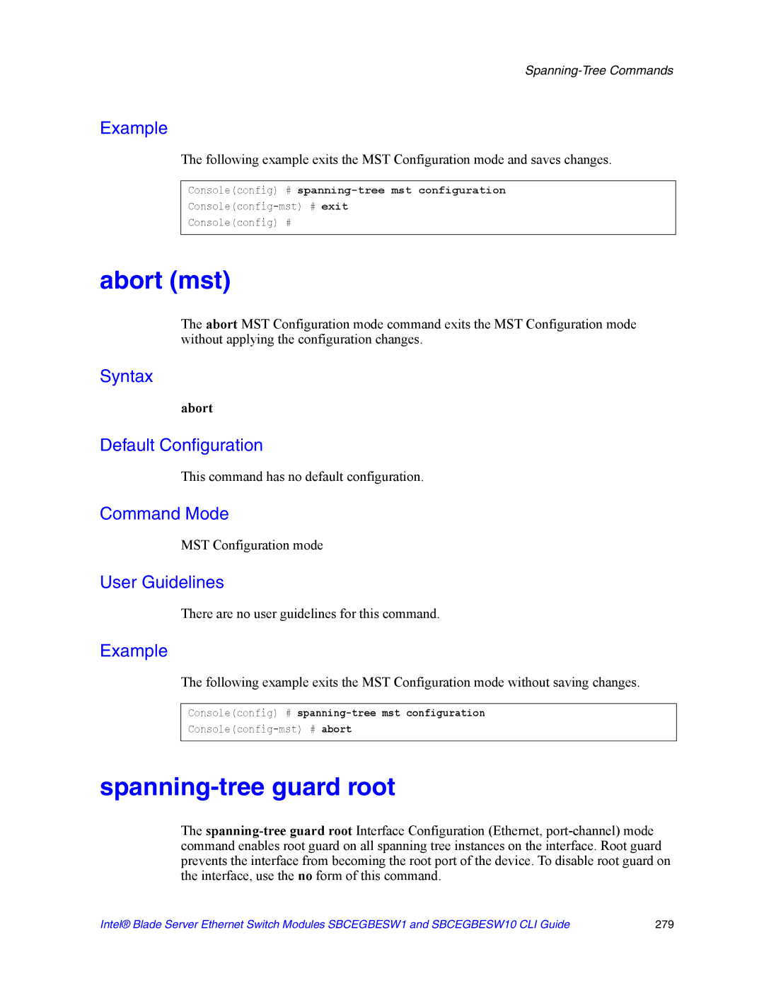 Intel SBCEGBESW10 CLI manual Abort mst, Spanning-tree guard root 