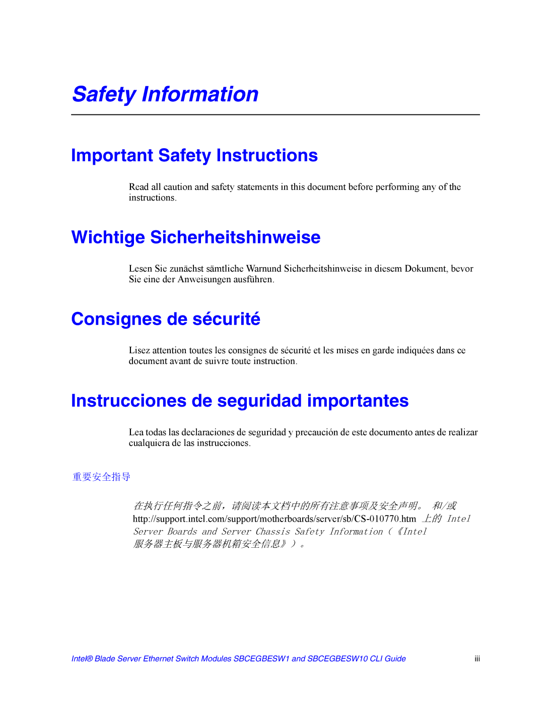 Intel SBCEGBESW10 CLI manual Important Safety Instructions, Wichtige Sicherheitshinweise, Consignes de sécurité 