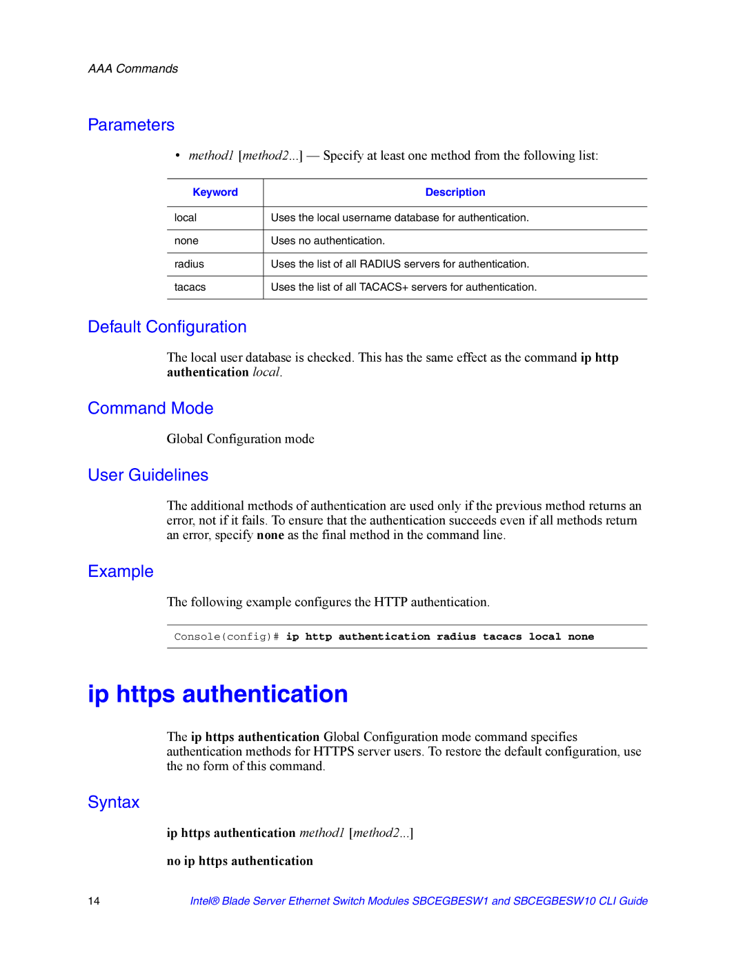 Intel SBCEGBESW10 CLI manual Ip https authentication, Following example configures the Http authentication 