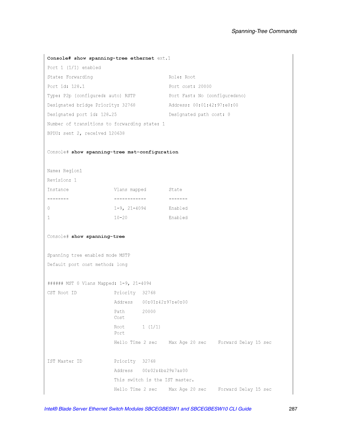 Intel SBCEGBESW10 CLI manual Console# show spanning-tree ethernet ext.1, Console# show spanning-tree mst-configuration 