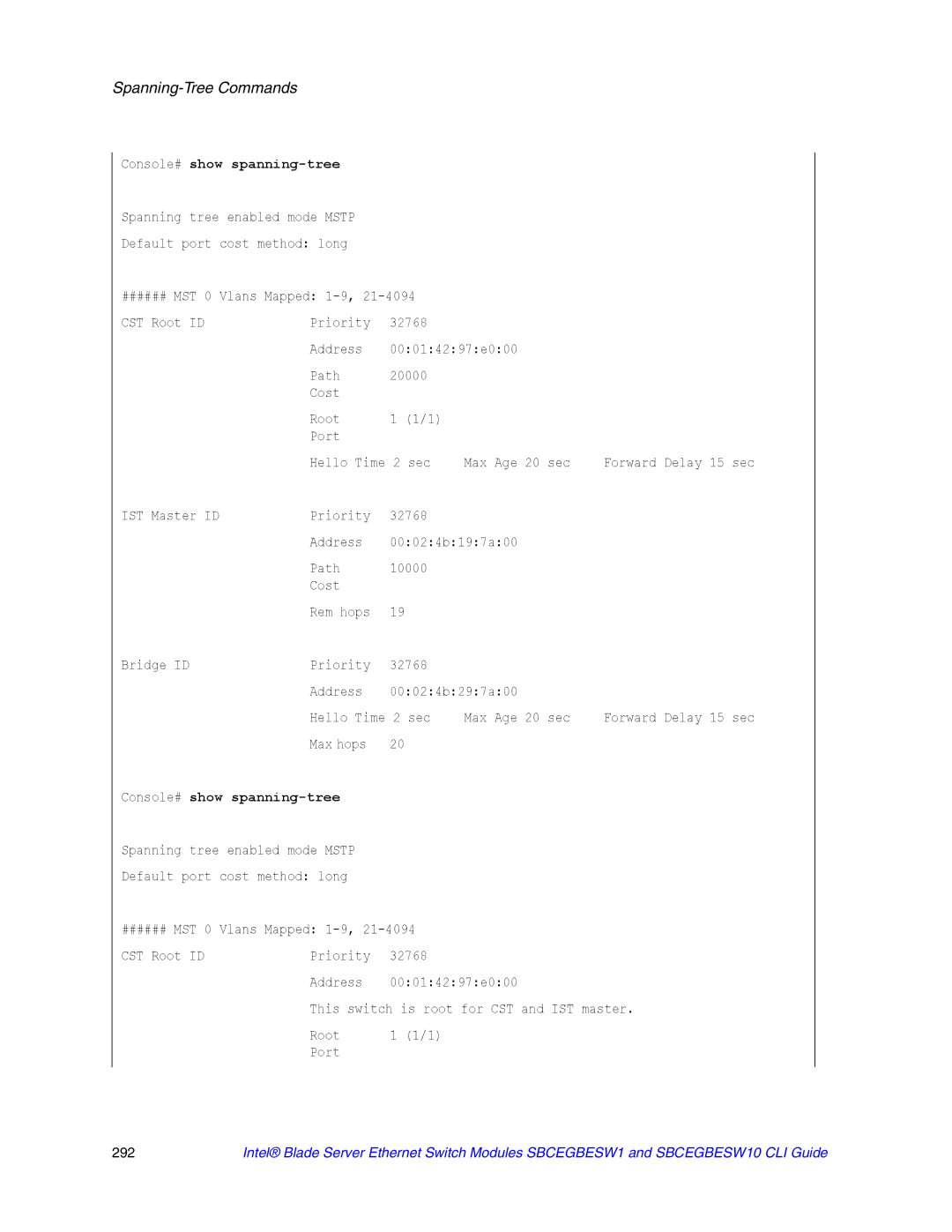 Intel SBCEGBESW10 CLI manual This switch is root for CST and IST master 