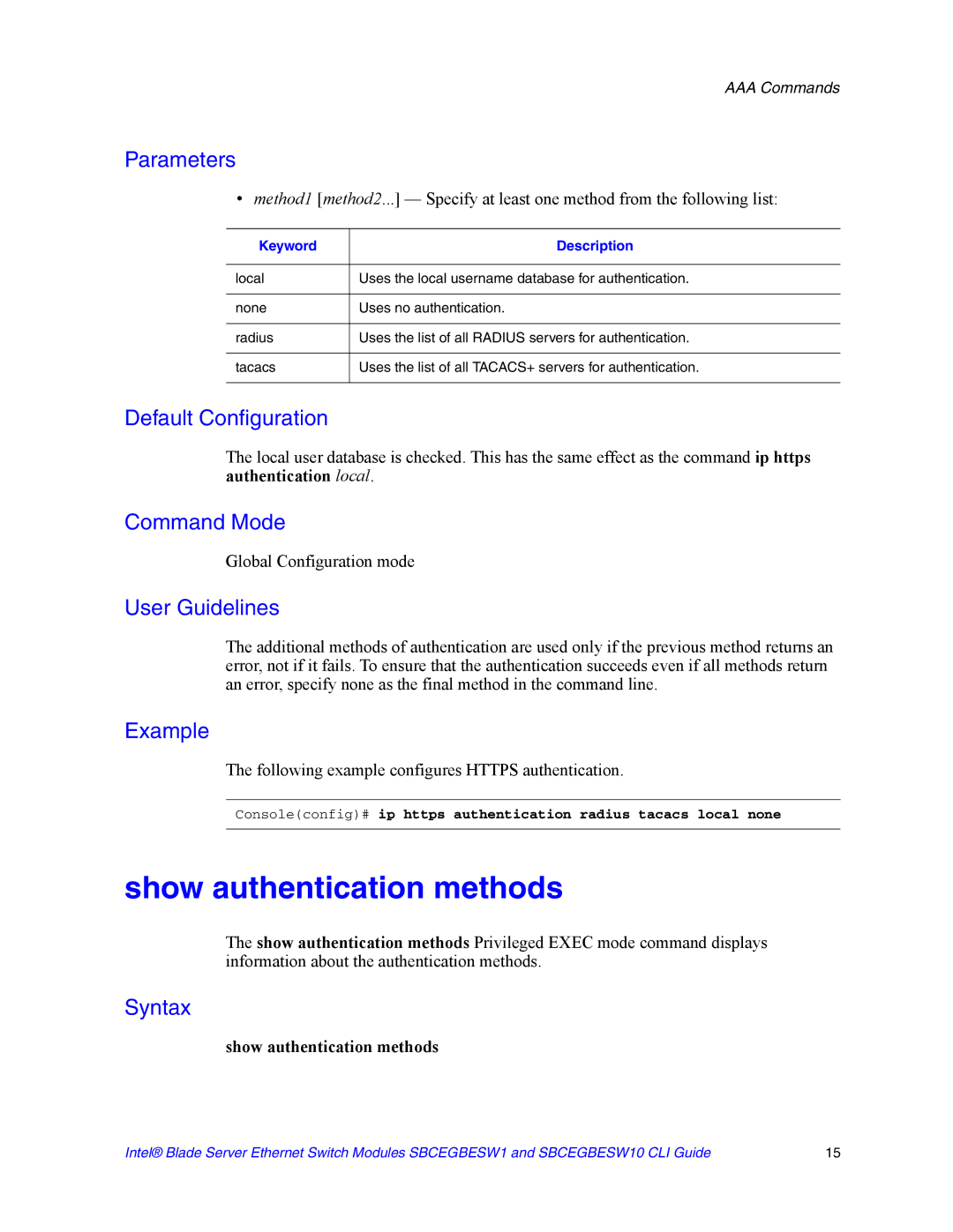 Intel SBCEGBESW10 CLI manual Show authentication methods, Following example configures Https authentication 