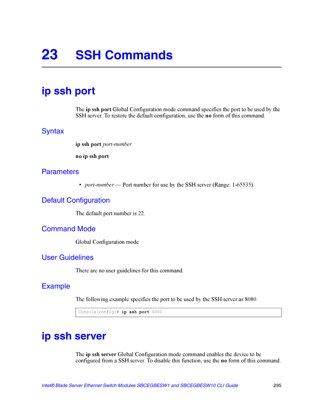 Intel SBCEGBESW10 CLI manual SSH Commands, Ip ssh server, Ip ssh port port-number No ip ssh port 