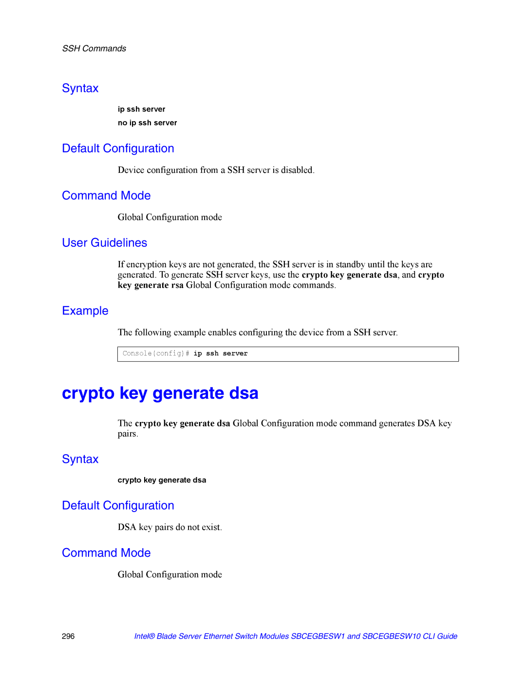 Intel SBCEGBESW1 Crypto key generate dsa, Device configuration from a SSH server is disabled, DSA key pairs do not exist 