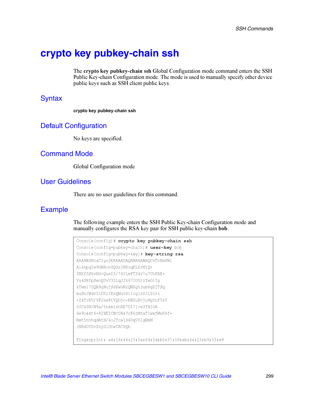 Intel SBCEGBESW10 CLI manual Crypto key pubkey-chain ssh, No keys are specified 