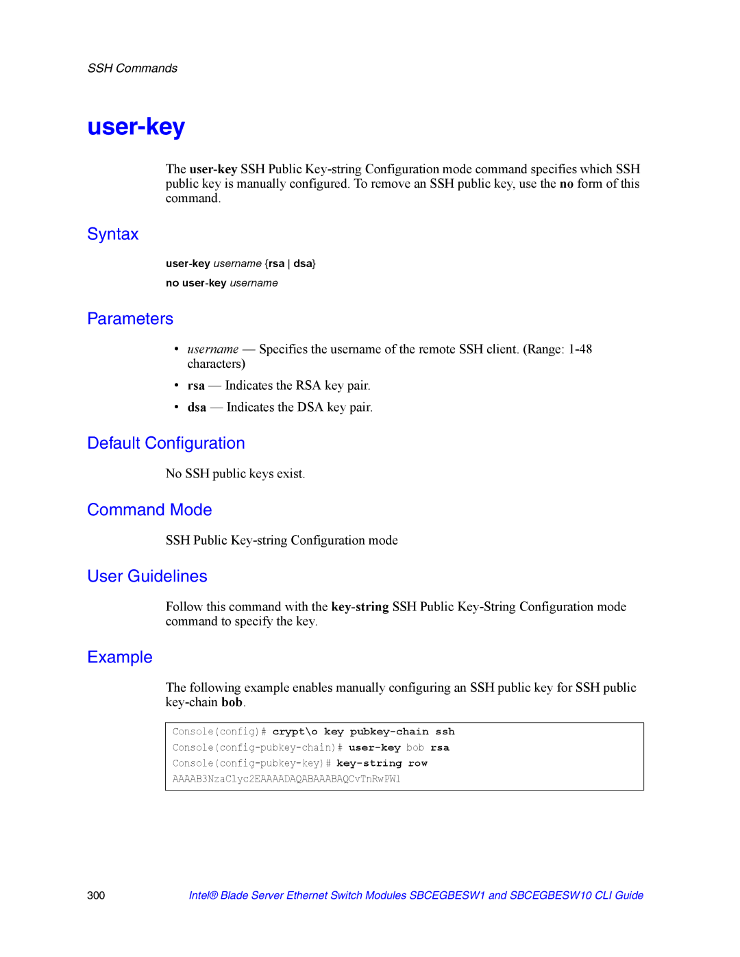 Intel SBCEGBESW10 CLI manual User-key, No SSH public keys exist, SSH Public Key-string Configuration mode 