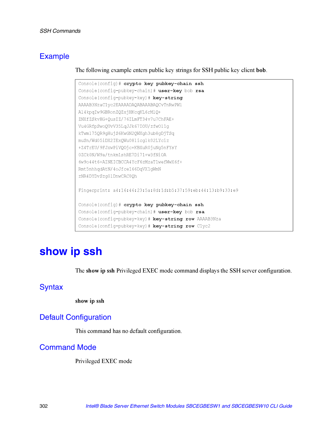 Intel SBCEGBESW10 CLI manual Show ip ssh, Consoleconfig# crypto key pubkey-chain ssh 