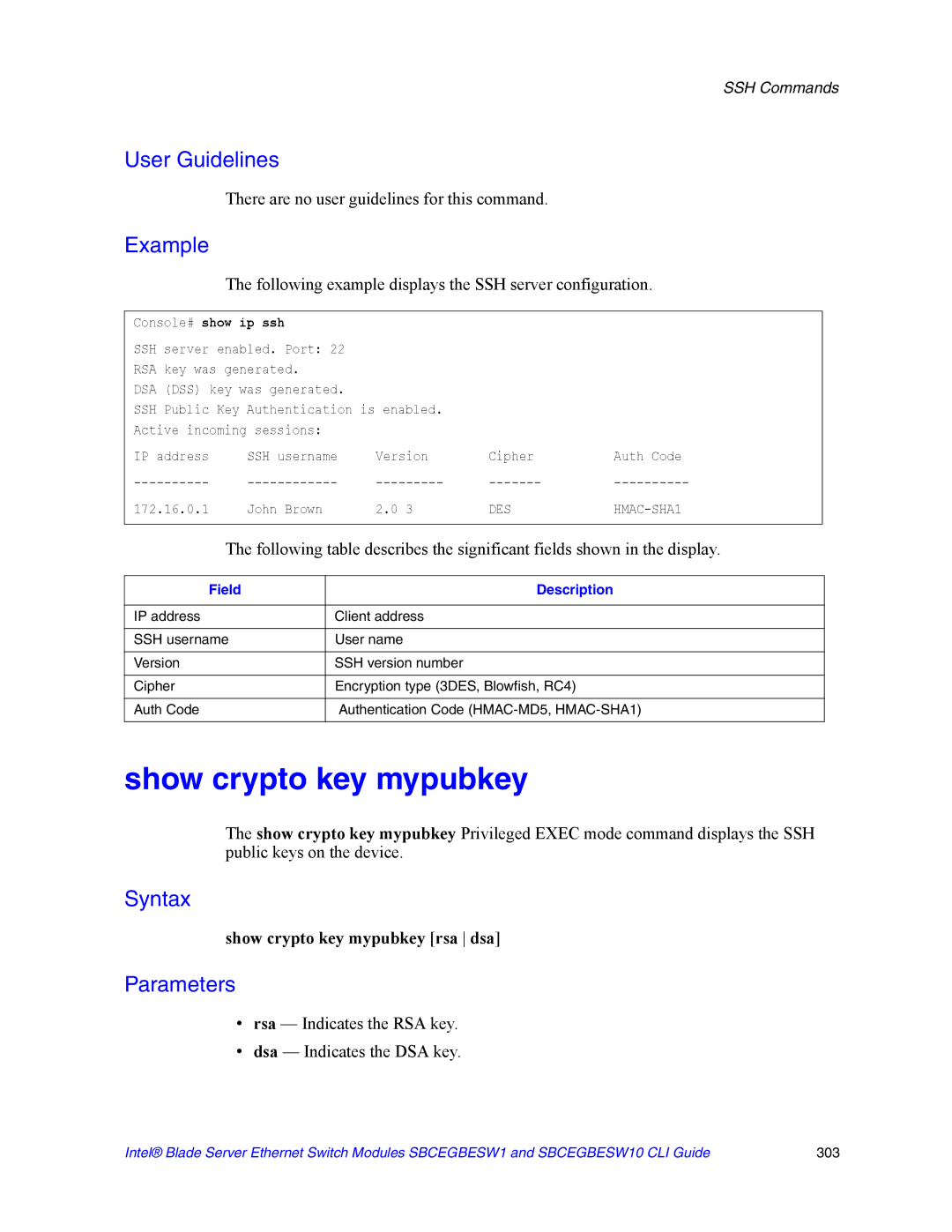 Intel SBCEGBESW10 CLI manual Show crypto key mypubkey, Following example displays the SSH server configuration 