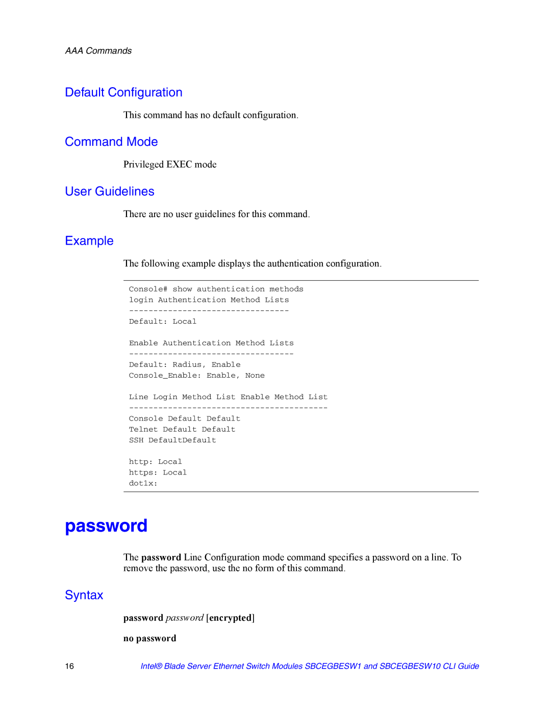 Intel SBCEGBESW10 CLI manual Password, This command has no default configuration, Privileged Exec mode 