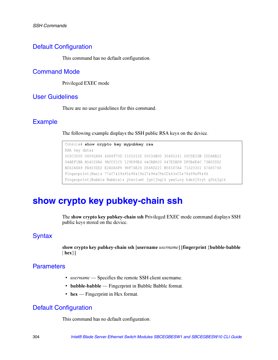 Intel SBCEGBESW10 CLI manual Show crypto key pubkey-chain ssh, Console# show crypto key mypubkey rsa 