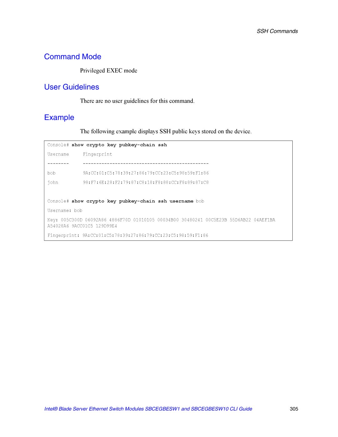 Intel SBCEGBESW10 CLI manual Console# show crypto key pubkey-chain ssh username bob 