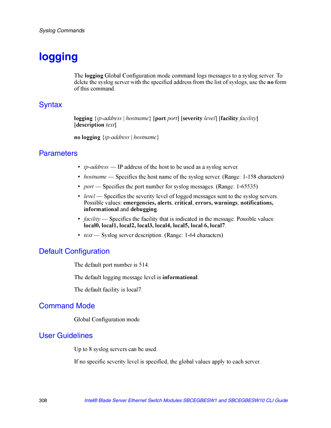 Intel SBCEGBESW10 CLI manual Logging 