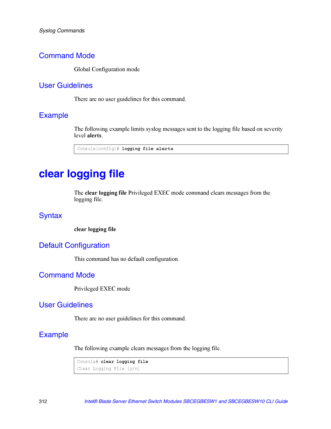 Intel SBCEGBESW1 Clear logging file, Following example clears messages from the logging file, Console# clear logging file 