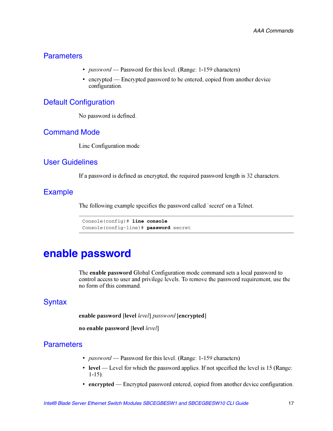 Intel SBCEGBESW10 CLI manual Enable password, No password is defined 