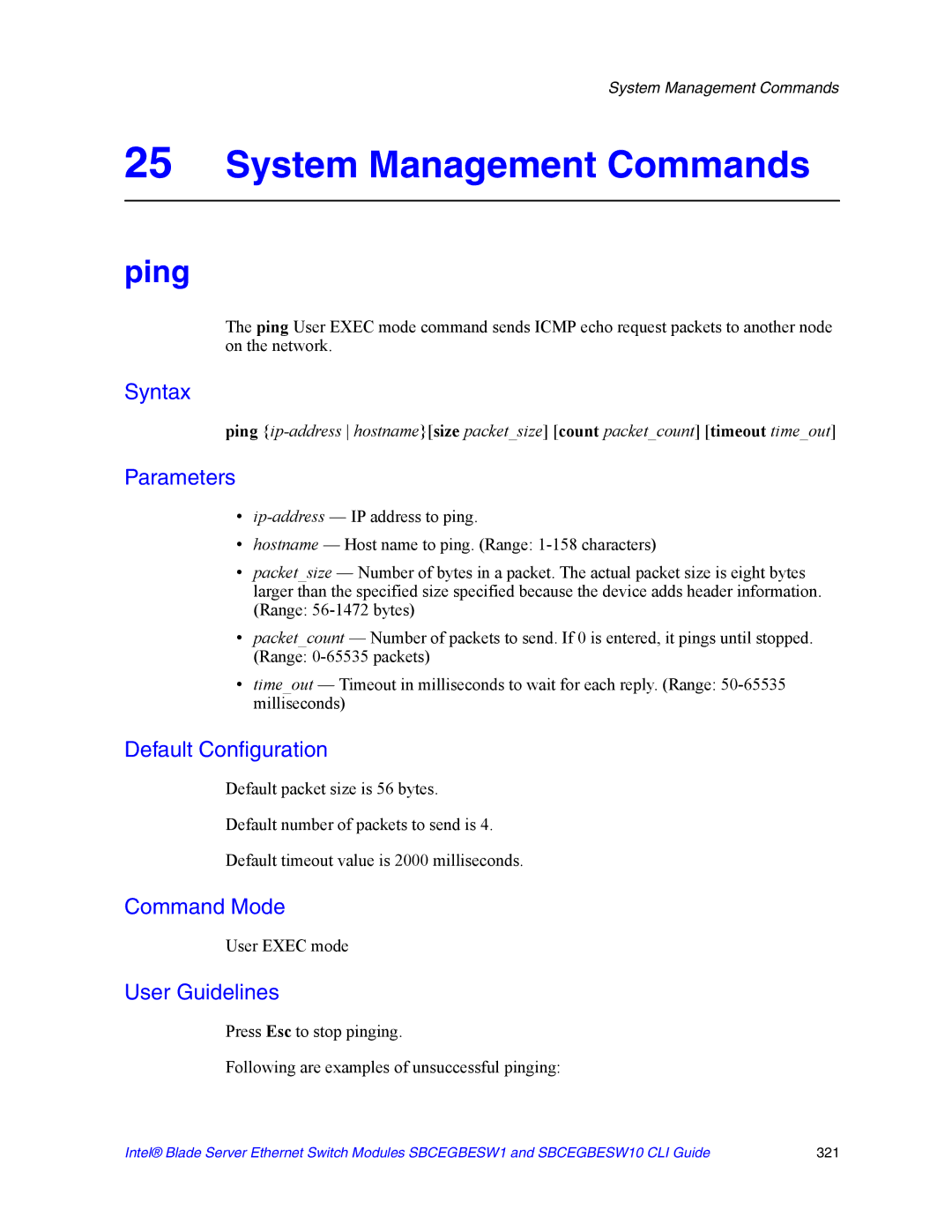 Intel SBCEGBESW10 CLI manual System Management Commands, Ping 