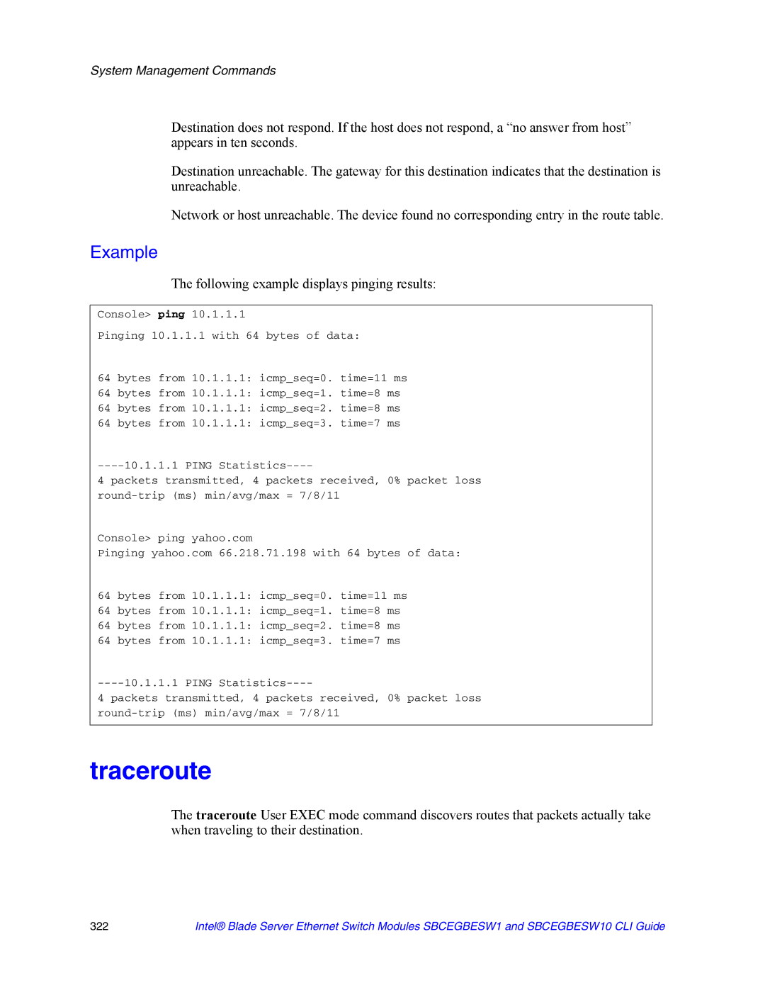 Intel SBCEGBESW10 CLI manual Traceroute, Following example displays pinging results 