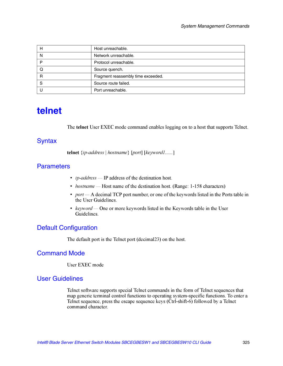 Intel SBCEGBESW10 CLI manual Default port is the Telnet port decimal23 on the host 