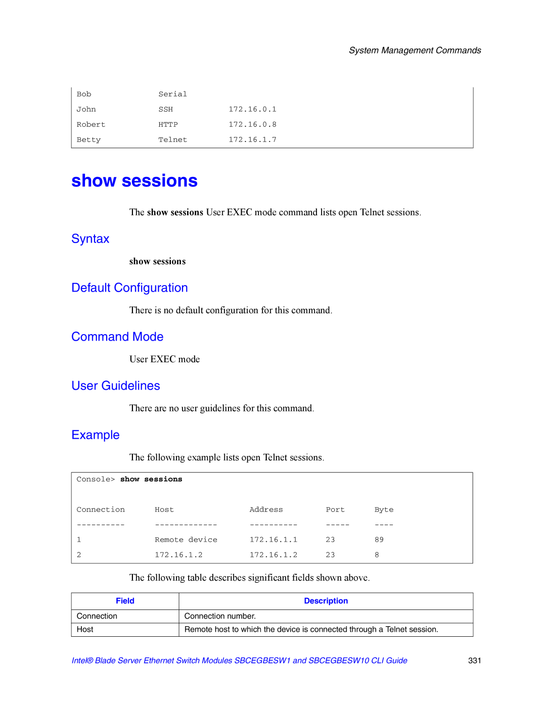 Intel SBCEGBESW10 CLI manual Show sessions, Following example lists open Telnet sessions, Console show sessions 