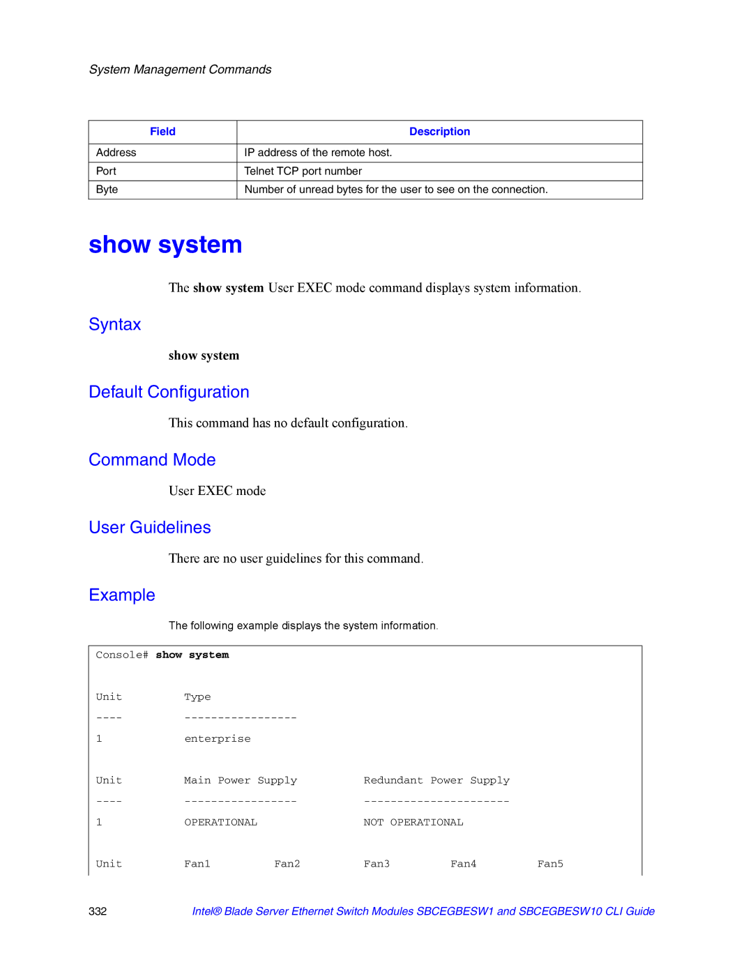 Intel SBCEGBESW10 CLI manual Show system, Console# show system 