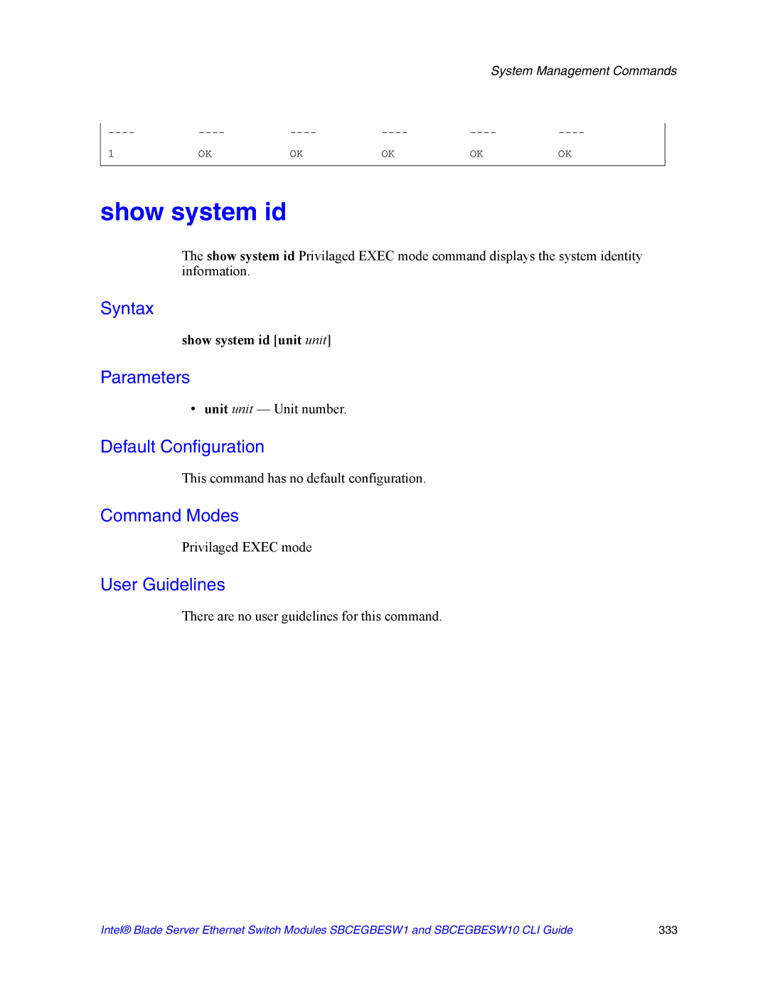 Intel SBCEGBESW10 CLI manual Show system id unit unit, Unit unit Unit number, Privilaged Exec mode 