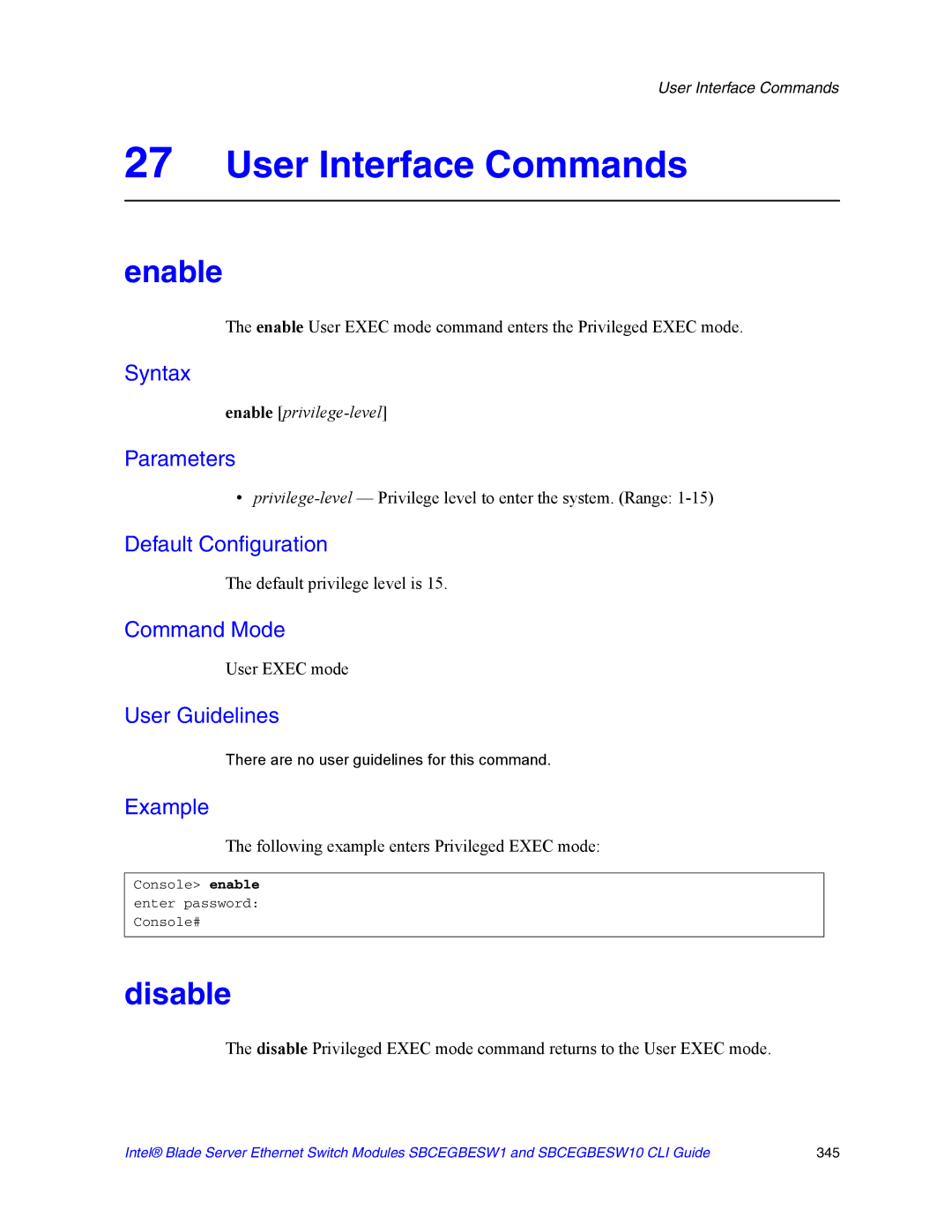 Intel SBCEGBESW10 CLI manual User Interface Commands, Enable, Disable 