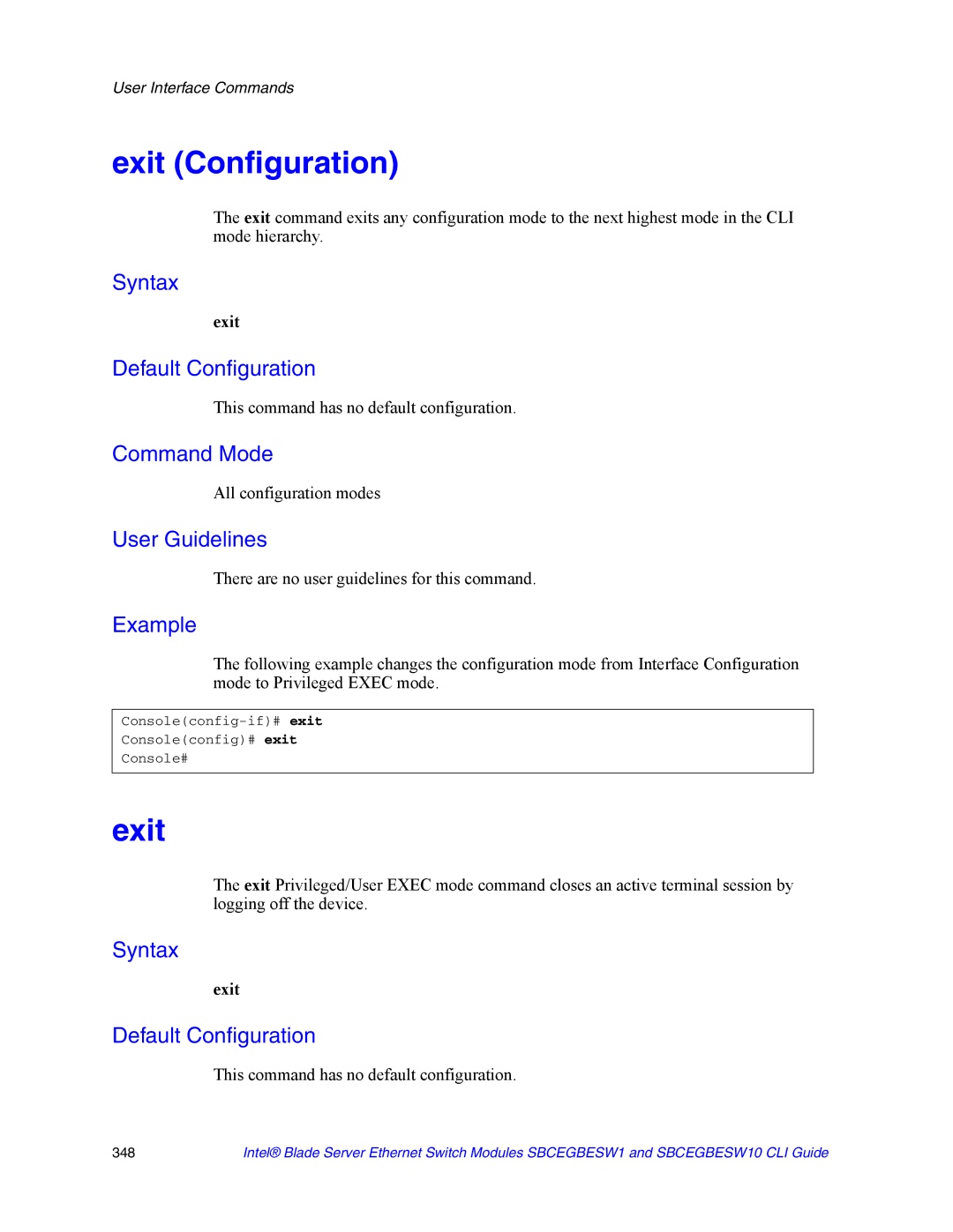 Intel SBCEGBESW10 CLI manual Exit Configuration, All configuration modes 