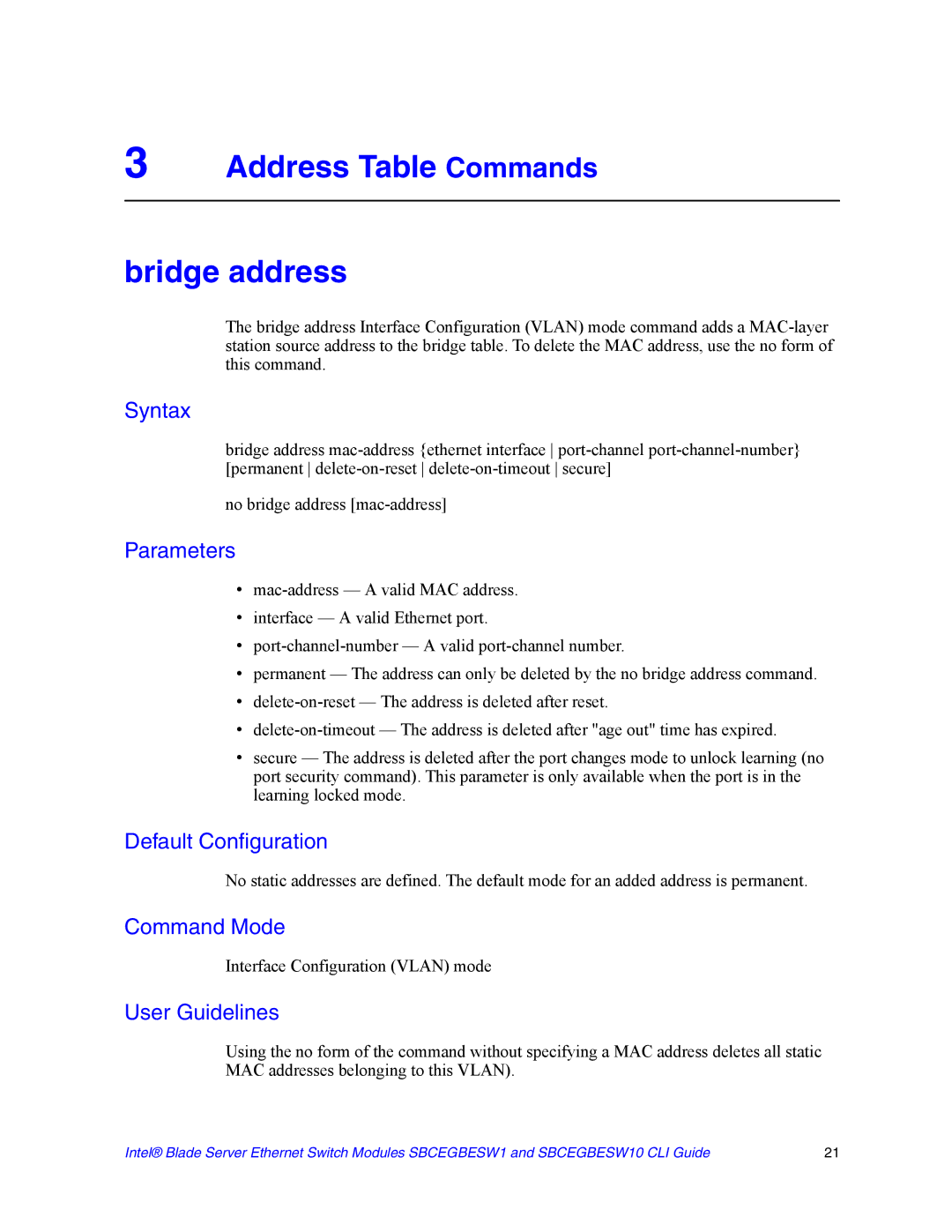 Intel SBCEGBESW10 CLI manual Address Table Commands Bridge address, Interface Configuration Vlan mode 