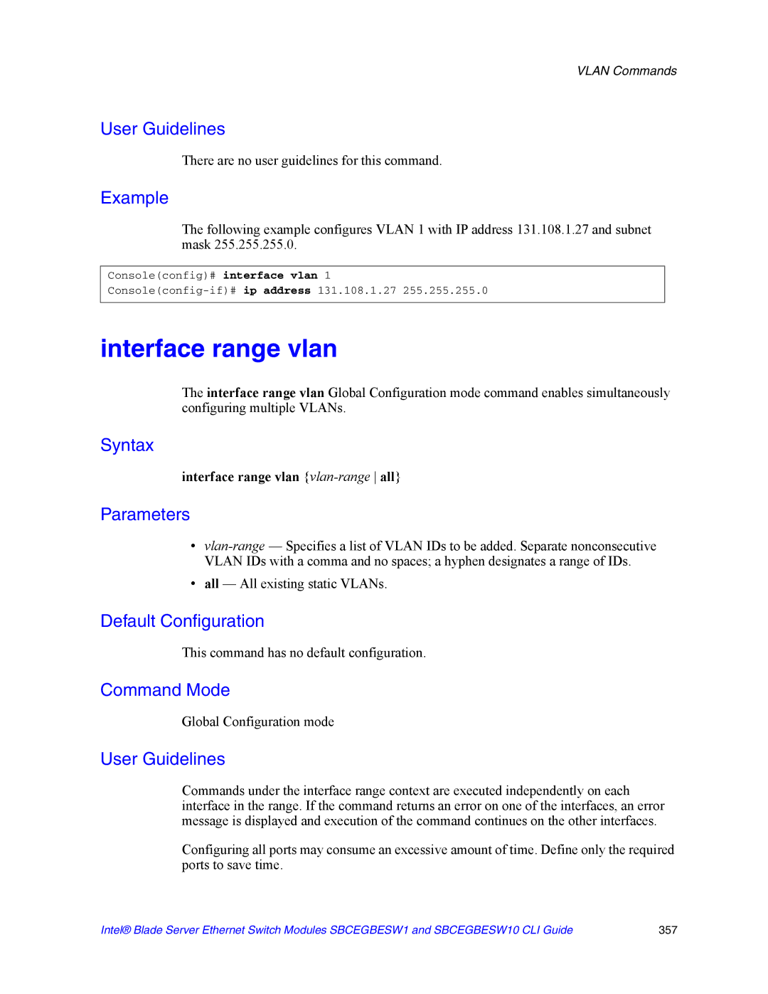 Intel SBCEGBESW10 CLI manual Interface range vlan vlan-rangeall, All All existing static VLANs 