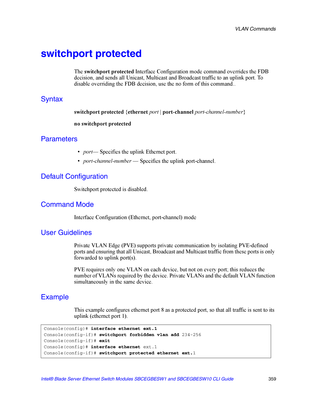 Intel SBCEGBESW10 CLI manual Switchport protected is disabled, Consoleconfig-if#switchport protected ethernet ext.1 