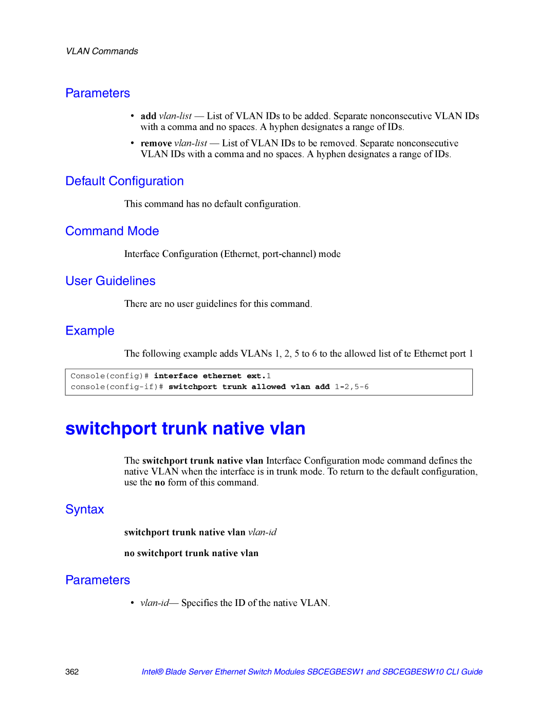 Intel SBCEGBESW10 CLI manual Switchport trunk native vlan, Vlan-id- Specifies the ID of the native Vlan 