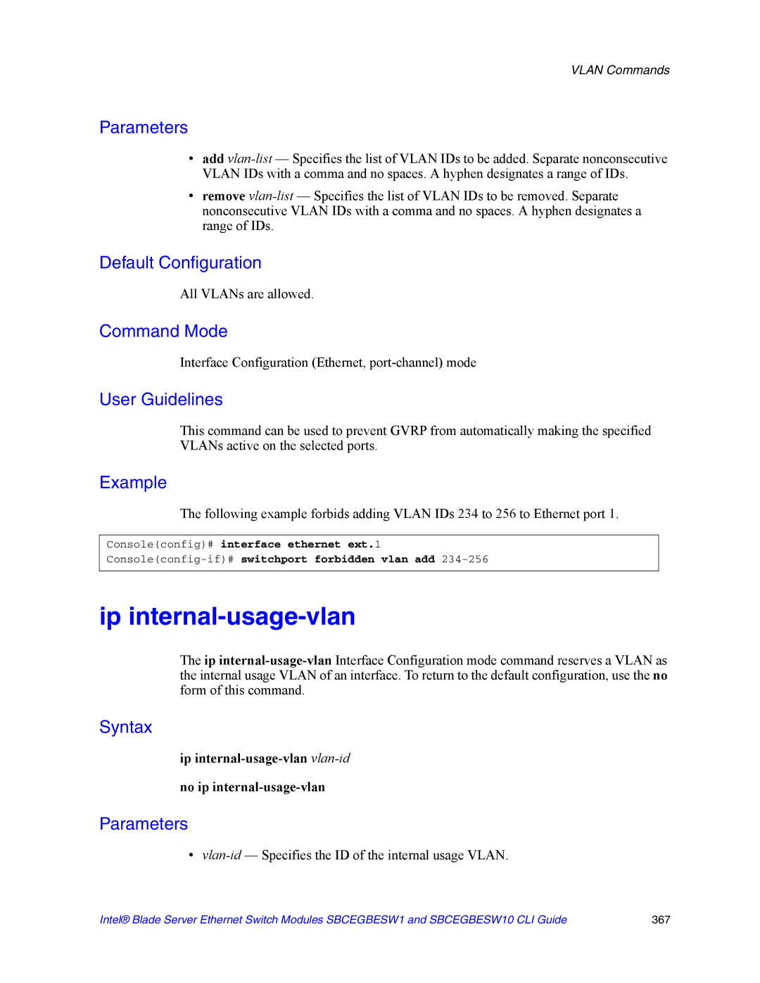 Intel SBCEGBESW10 CLI Ip internal-usage-vlan, All VLANs are allowed, Vlan-id- Specifies the ID of the internal usage Vlan 