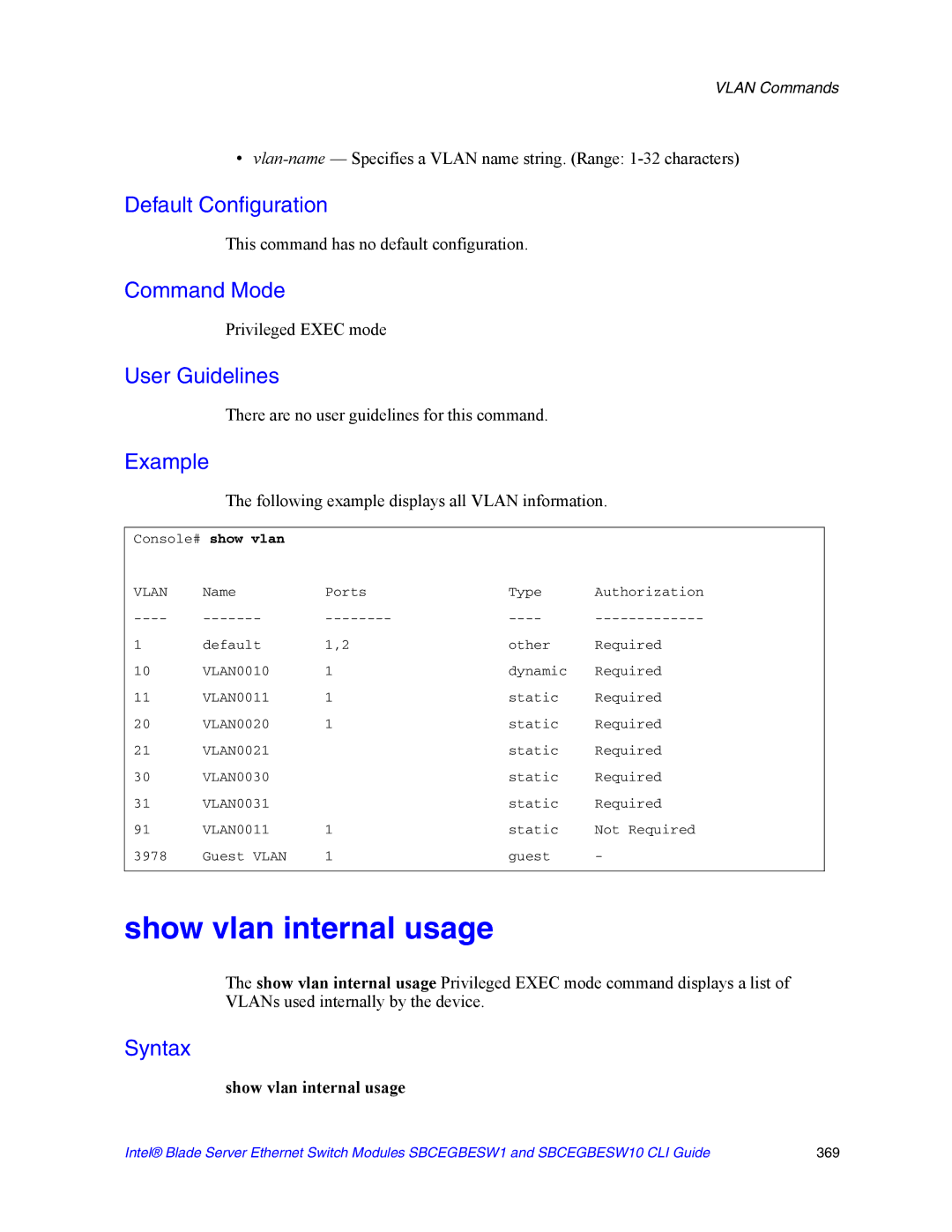 Intel SBCEGBESW10 CLI manual Show vlan internal usage, Following example displays all Vlan information 