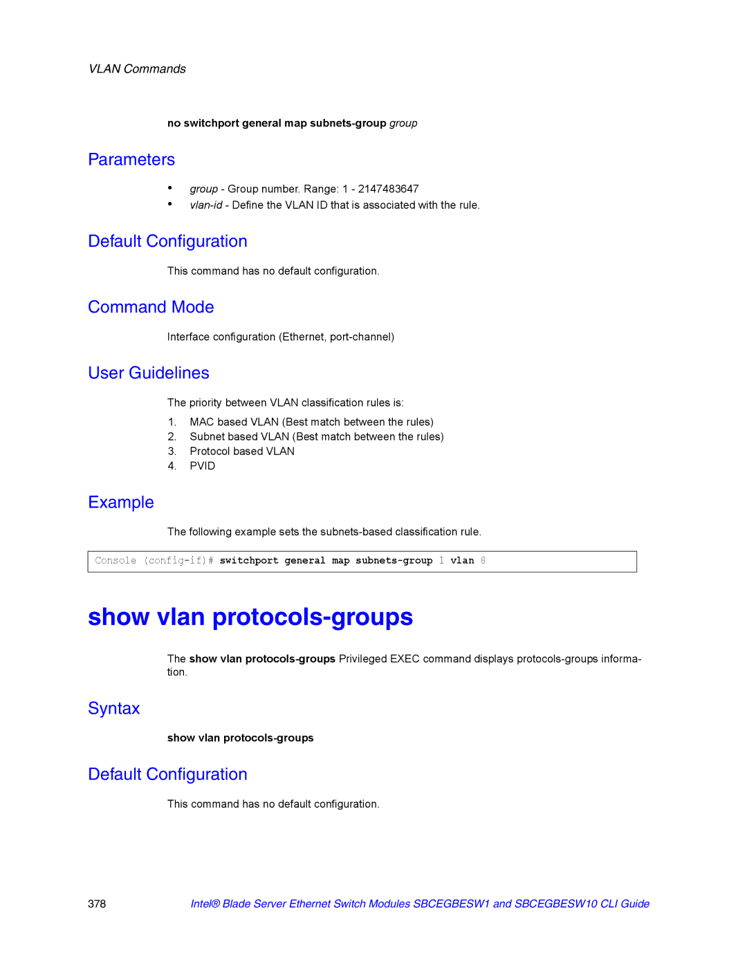 Intel SBCEGBESW10 CLI manual Show vlan protocols-groups 