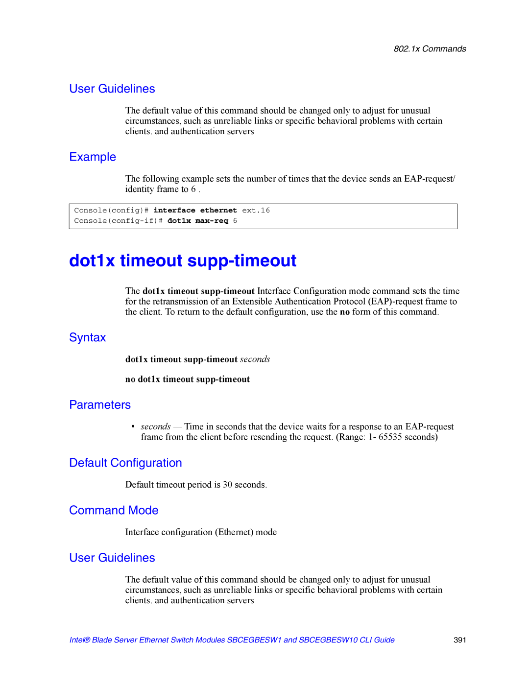 Intel SBCEGBESW10 CLI manual Dot1x timeout supp-timeout, Default timeout period is 30 seconds 