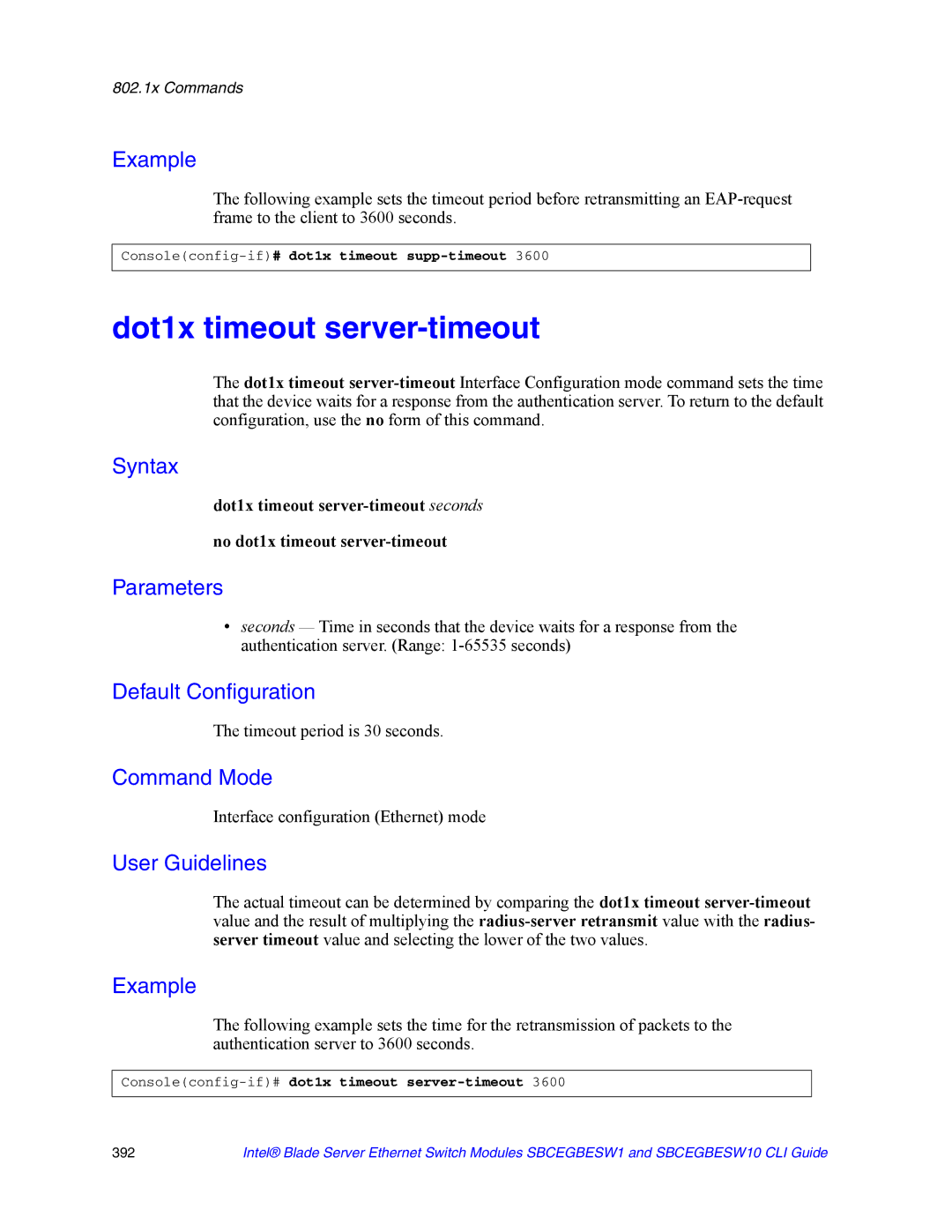 Intel SBCEGBESW10 CLI manual Dot1x timeout server-timeout, Consoleconfig-if# dot1x timeout supp-timeout 