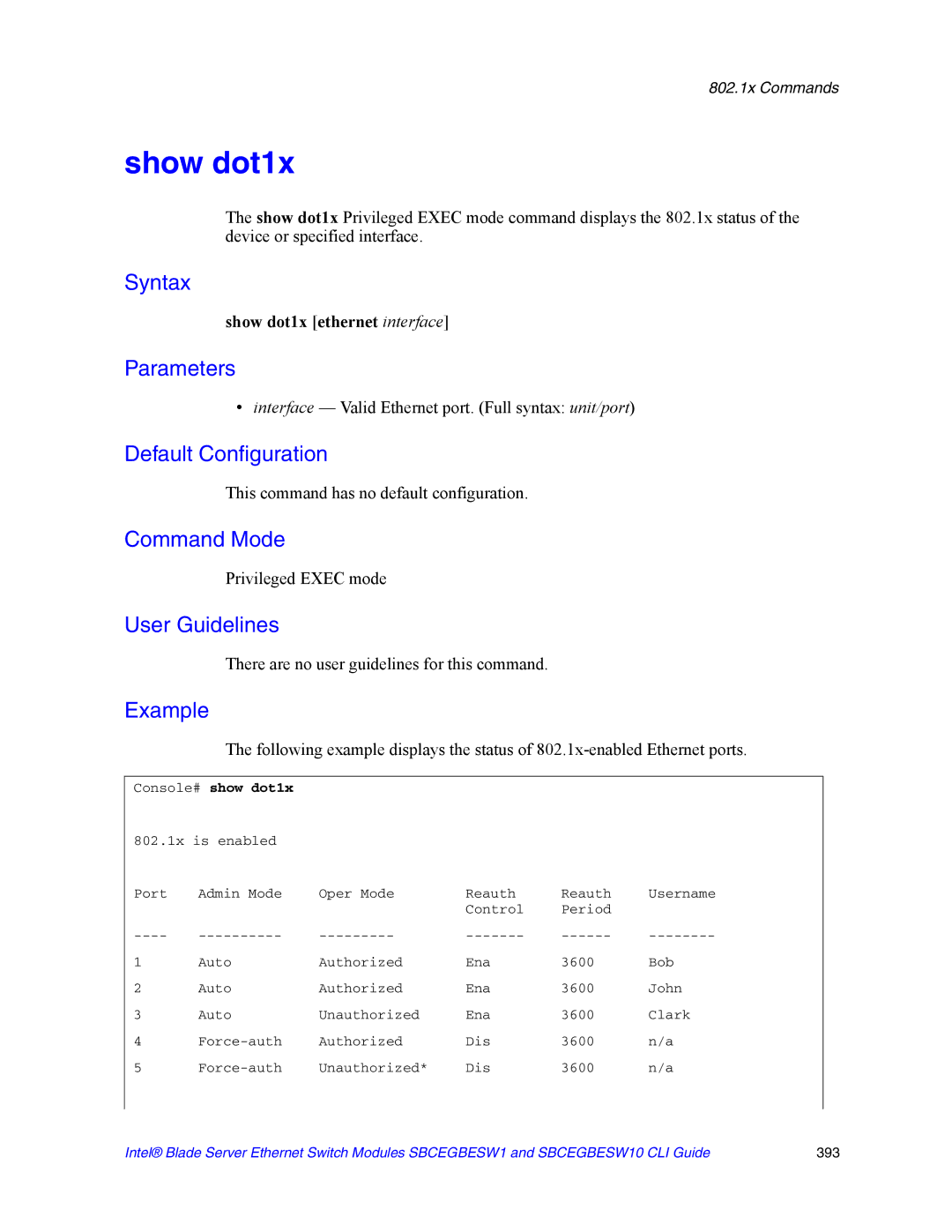 Intel SBCEGBESW10 CLI manual Show dot1x ethernet interface, Console# show dot1x 