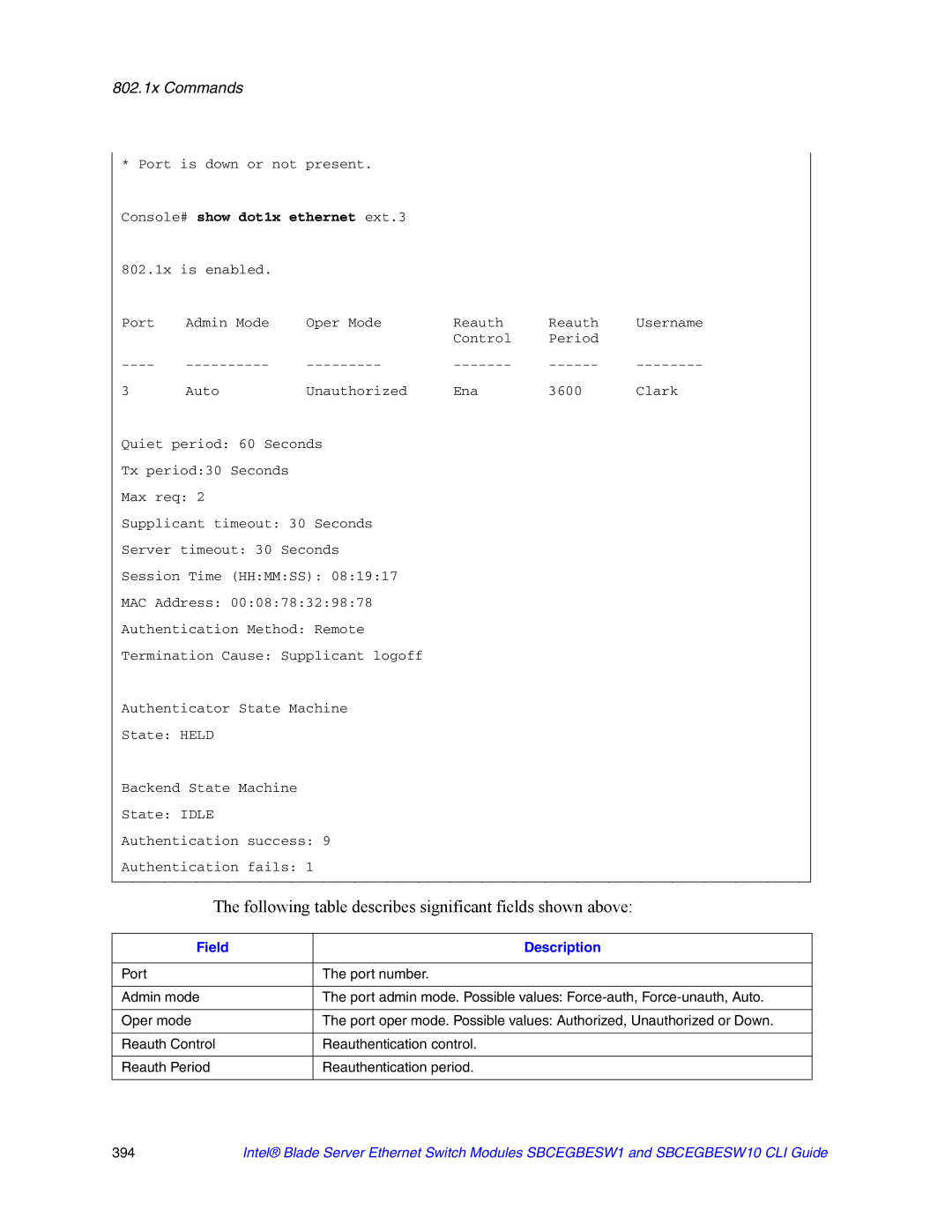 Intel SBCEGBESW1 manual Following table describes significant fields shown above, Console# show dot1x ethernet ext.3 