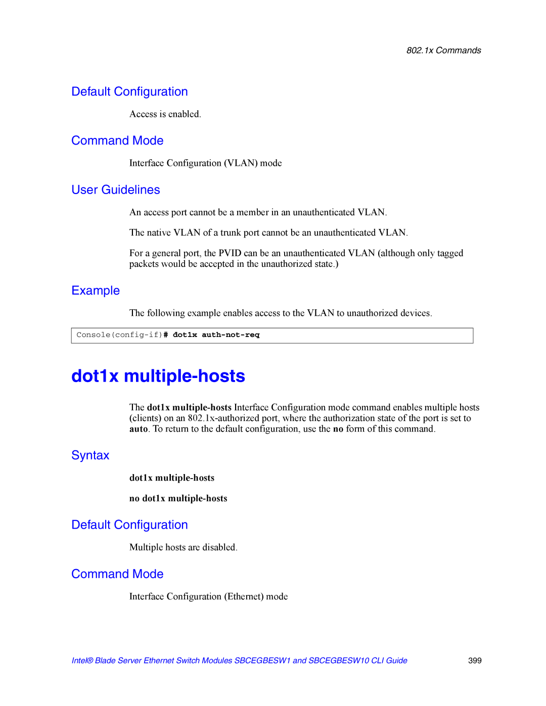 Intel SBCEGBESW10 CLI manual Dot1x multiple-hosts, Access is enabled, Multiple hosts are disabled 