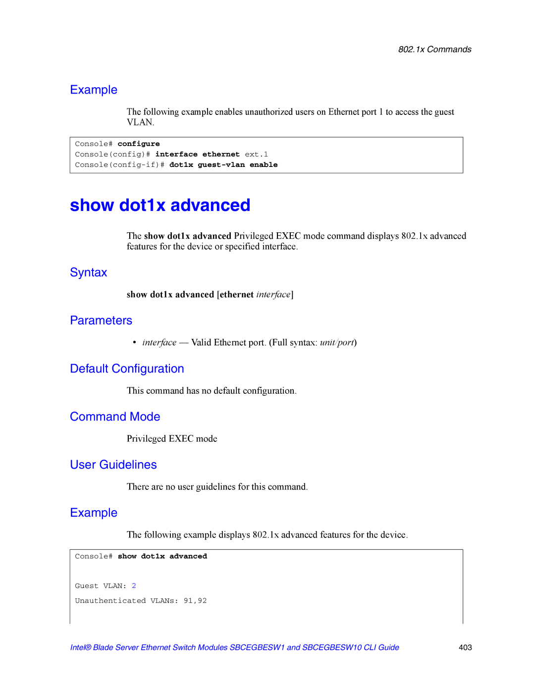 Intel SBCEGBESW10 CLI manual Show dot1x advanced ethernet interface, Consoleconfig-if#dot1x guest-vlan enable 