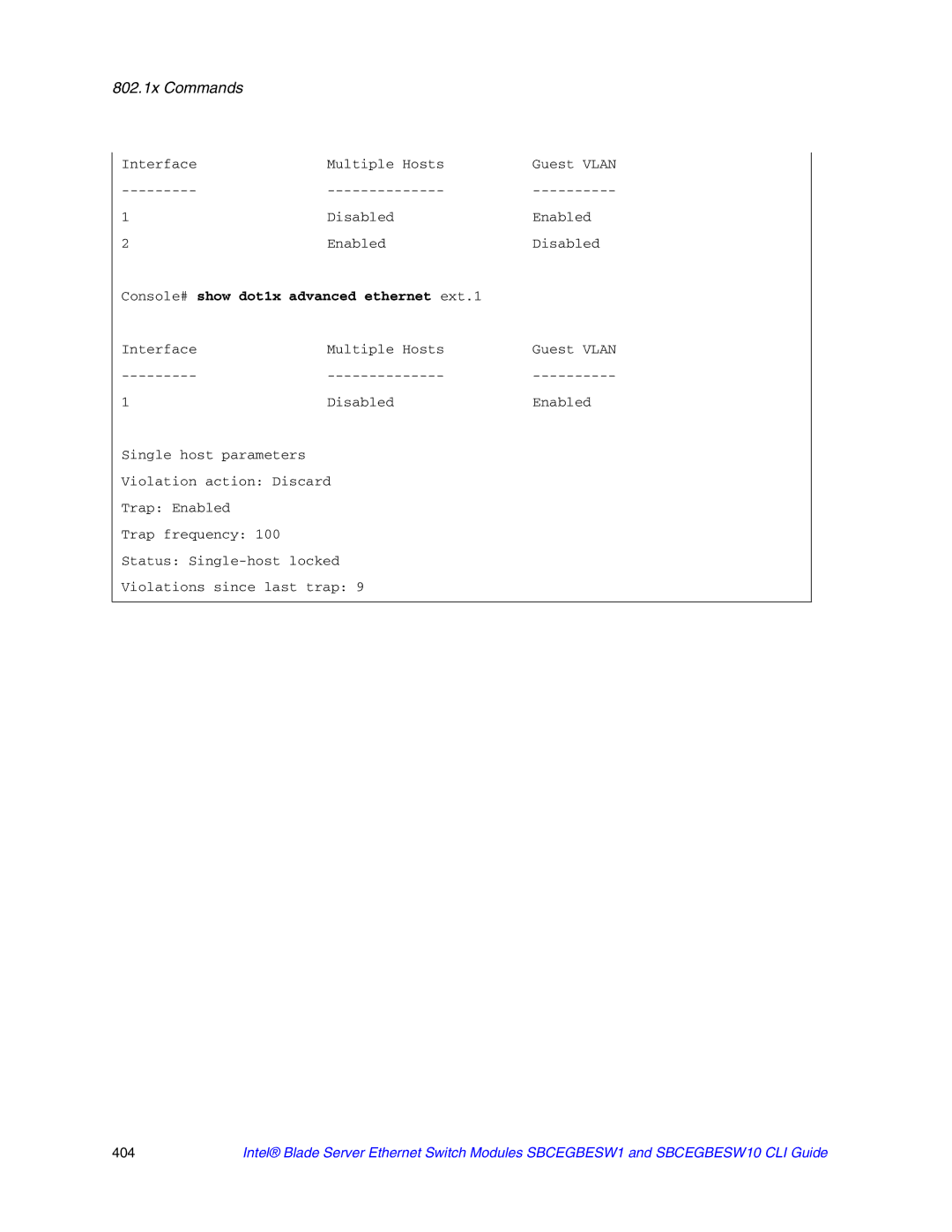 Intel SBCEGBESW10 CLI manual Console# show dot1x advanced ethernet ext.1 