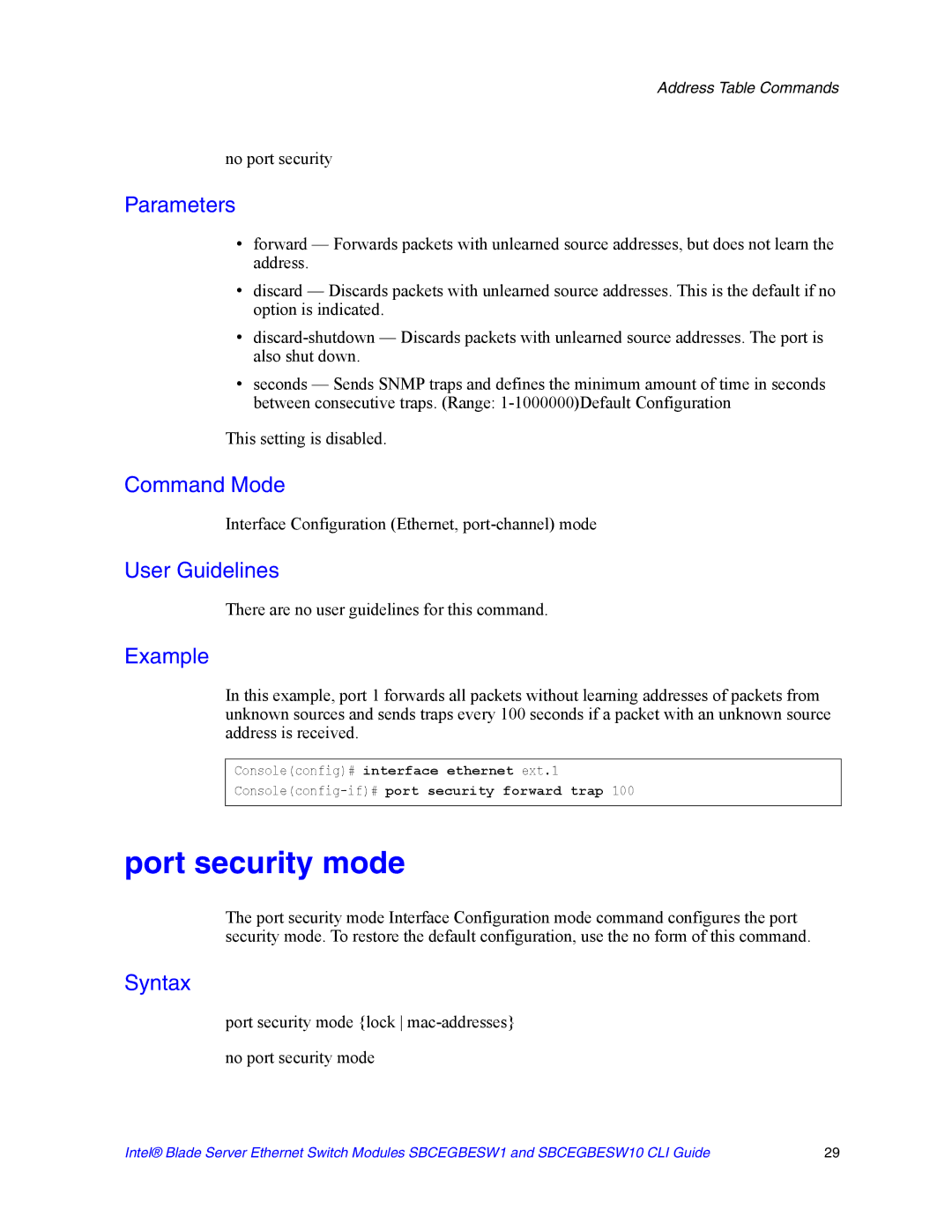 Intel SBCEGBESW10 CLI manual Port security mode, No port security, Interface Configuration Ethernet, port-channel mode 