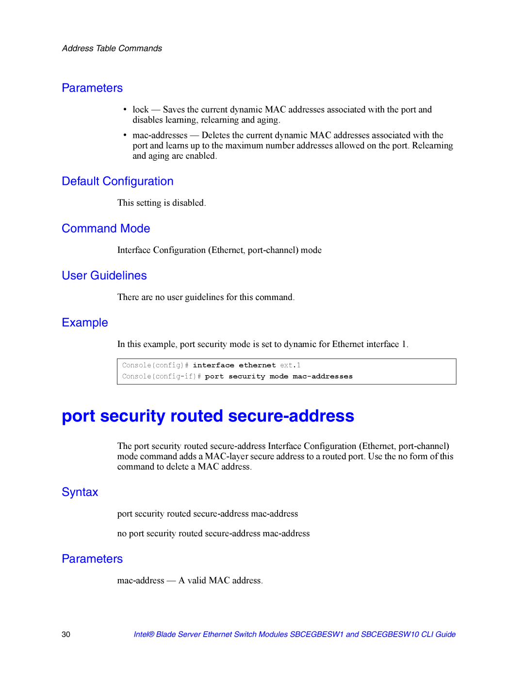 Intel SBCEGBESW10 CLI manual Port security routed secure-address, Mac-address a valid MAC address 