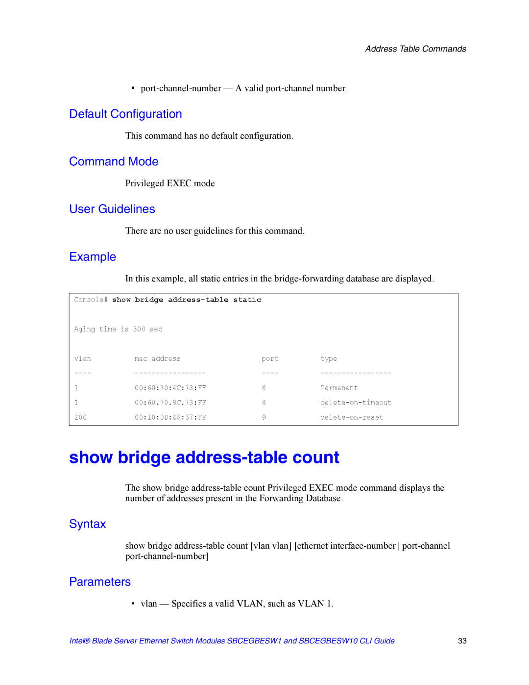 Intel SBCEGBESW10 CLI manual Show bridge address-table count, Vlan Specifies a valid VLAN, such as Vlan 