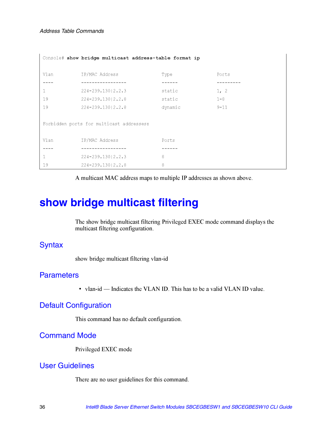 Intel SBCEGBESW1 manual Show bridge multicast filtering vlan-id, Console# show bridge multicast address-table format ip 