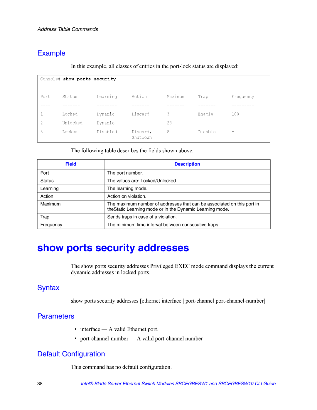 Intel SBCEGBESW10 CLI manual Show ports security addresses, Following table describes the fields shown above 