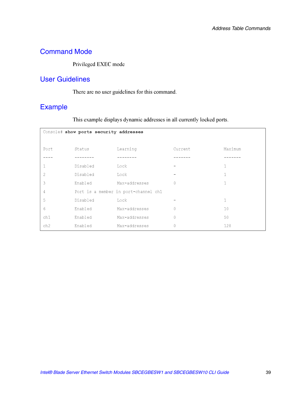 Intel SBCEGBESW10 CLI manual Console# show ports security addresses 