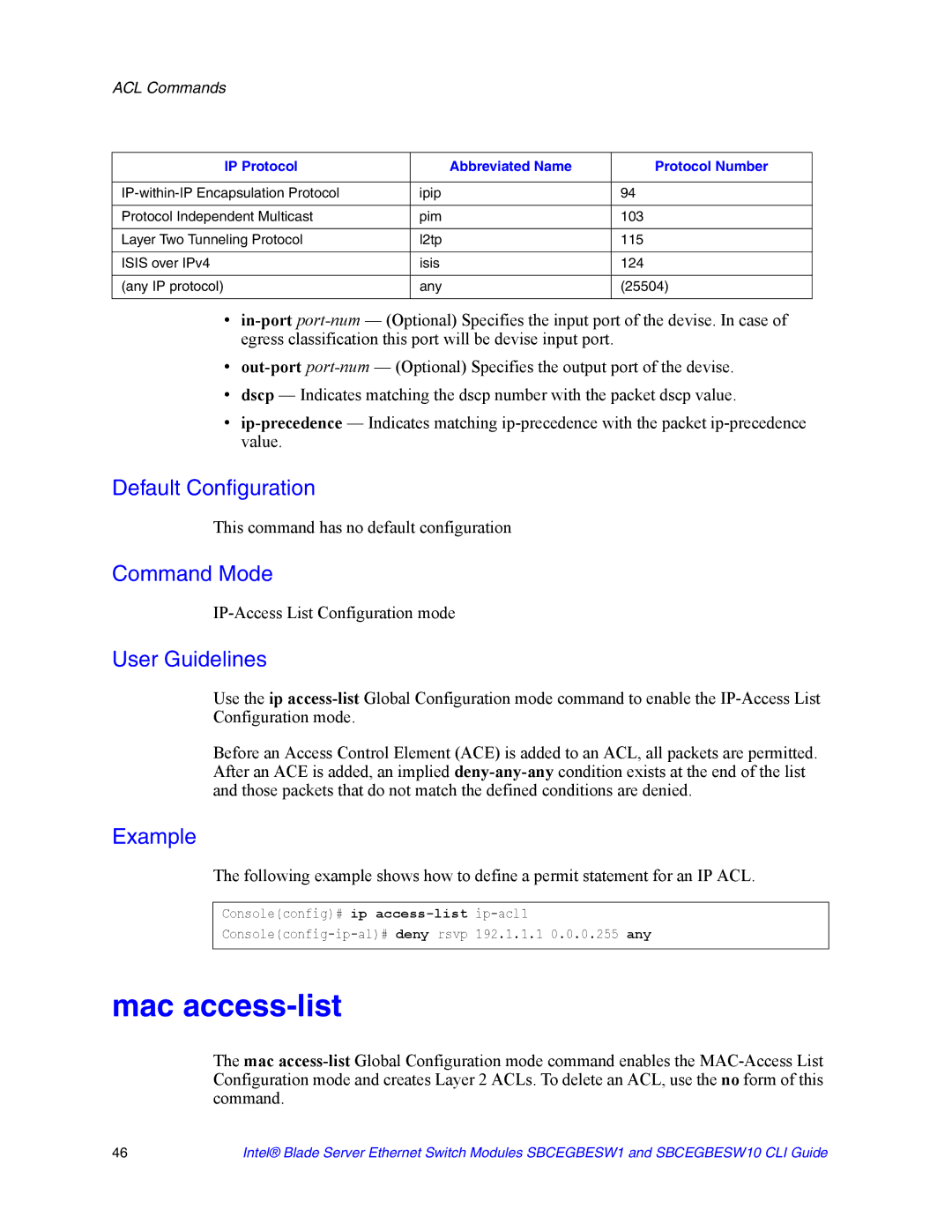 Intel SBCEGBESW10 CLI manual Mac access-list, This command has no default configuration 